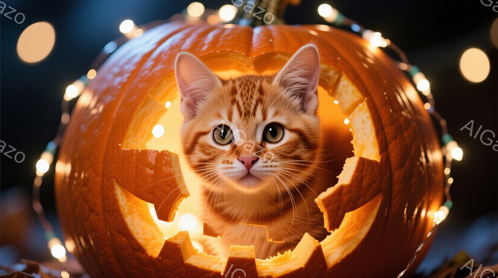 オレンジ色の毛並みを持つ子猫が、ハロウィン風にくり抜かれたカボチャの中に顔を出している。カボチャは内部から温かい光で照らされ、子猫の顔を明るく照らしている。背景にはぼやけた光のストリングライトがあり、 - AI生成フリー素材