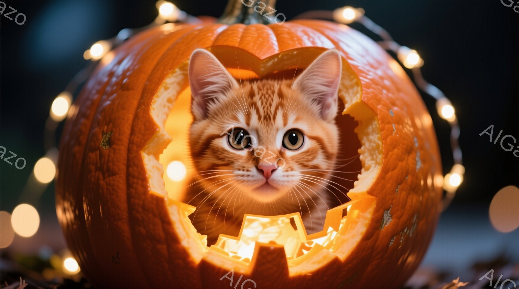 鮮やかなオレンジ色のくり抜かれたカボチャの中に、愛らしいオレンジ色の毛並みの猫が顔を出しています。猫は大きな瞳で正面を見つめ、好奇心と遊び心にあふれた表情をしています。背景にはぼやけた光のストリングラ - AI生成フリー素材