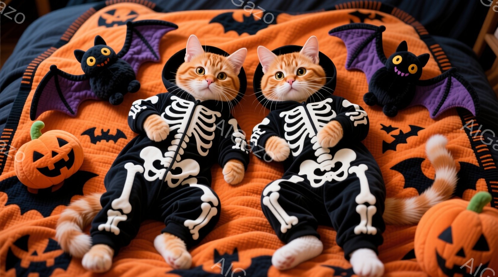 オレンジ色の猫が2匹、ハロウィーンのスケルトン柄の衣装を着て、オレンジと黒のストライプの背景に座っています。猫たちは前足を組み、少し退屈そうな表情でカメラを見ています。背景には、カボチャの形をしたおも - AI生成フリー素材