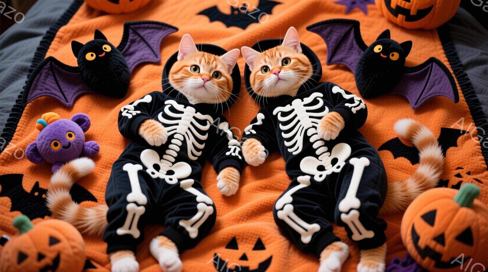 オレンジ色の背景に、骸骨のコスチュームを着た2匹の猫が座っています。猫たちは前足を伸ばしてリラックスした姿勢で、少し驚いたような表情をしています。背景には、ハロウィーンを象徴するカボチャやコウモリのぬ - AI生成フリー素材