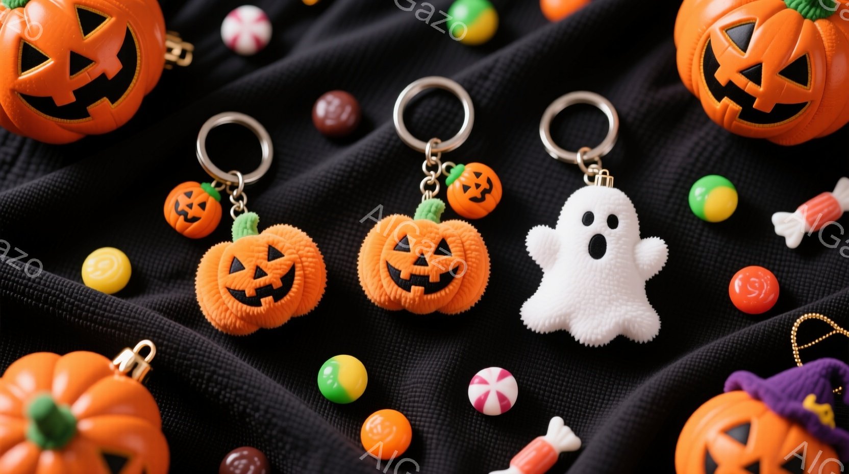 黒い布の上に、ハロウィーンをテーマにした様々なアイテムが散らばっています。オレンジ色のジャック・オー・ランタンのキーホルダーや、白いお化けのぬいぐるみ、カラフルなキャンディーが並び、お祝いの雰囲気を醸 - AI生成フリー素材