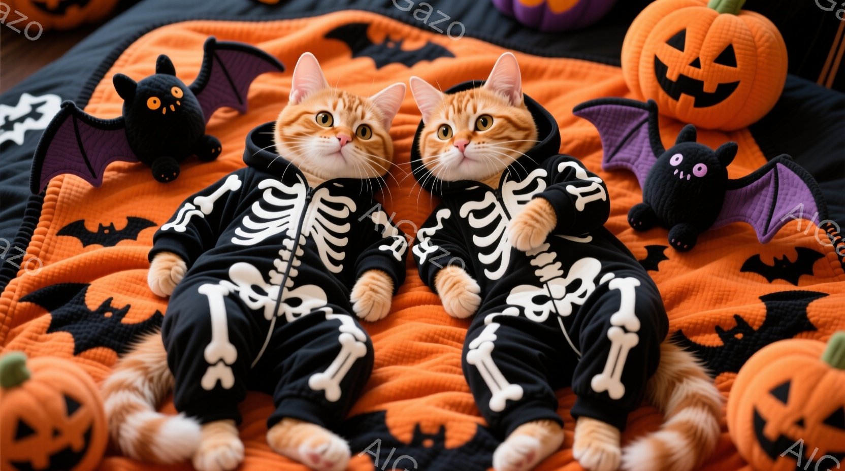 オレンジと黒のハロウィン柄の布の上に、骨格模様の衣装を着たオレンジ色の猫が横たわっています。猫はリラックスした表情で、前足を組み、おもちゃのコウモリとカボチャに囲まれています。全体的に、秋らしくて遊び - AI生成フリー素材