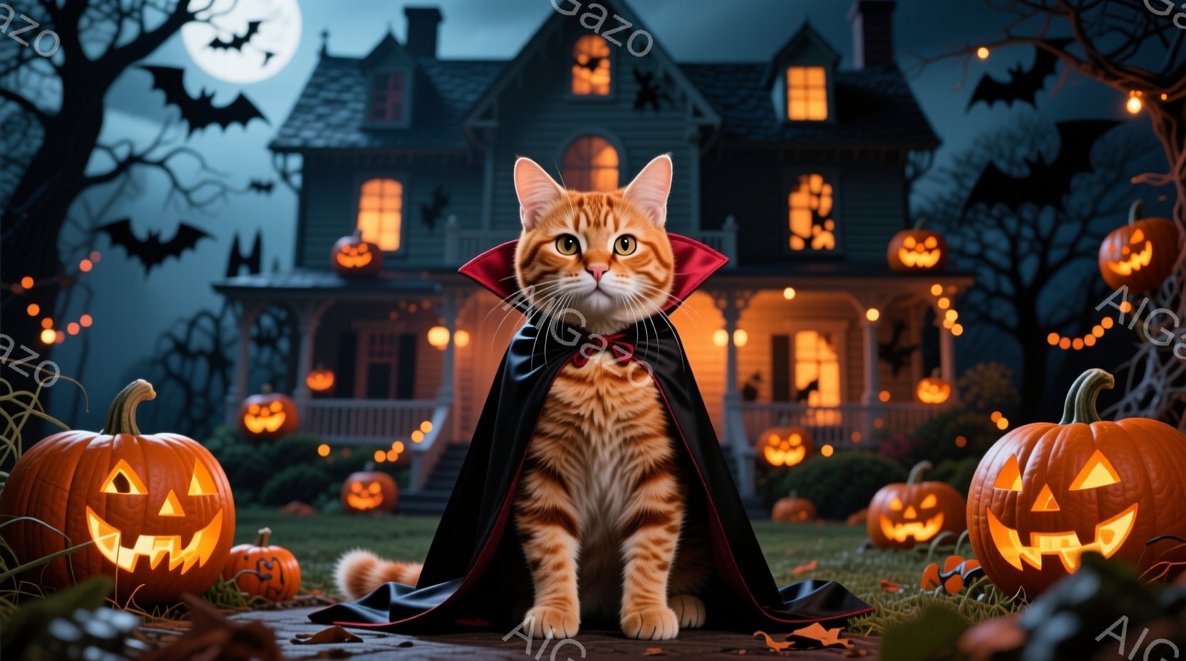 オレンジ色のトラ猫が、黒いケープと赤い蝶ネクタイを身につけ、自信に満ちた表情で正面を向いています。背景には、ハロウィーンのランタンで飾られた薄暗い屋敷と、夜空に舞うコウモリ、そしてハロウィーンカボチャが配置されています。全体的に、ハロウィーンの夜の神秘的で陽気な雰囲気を醸し出しています。