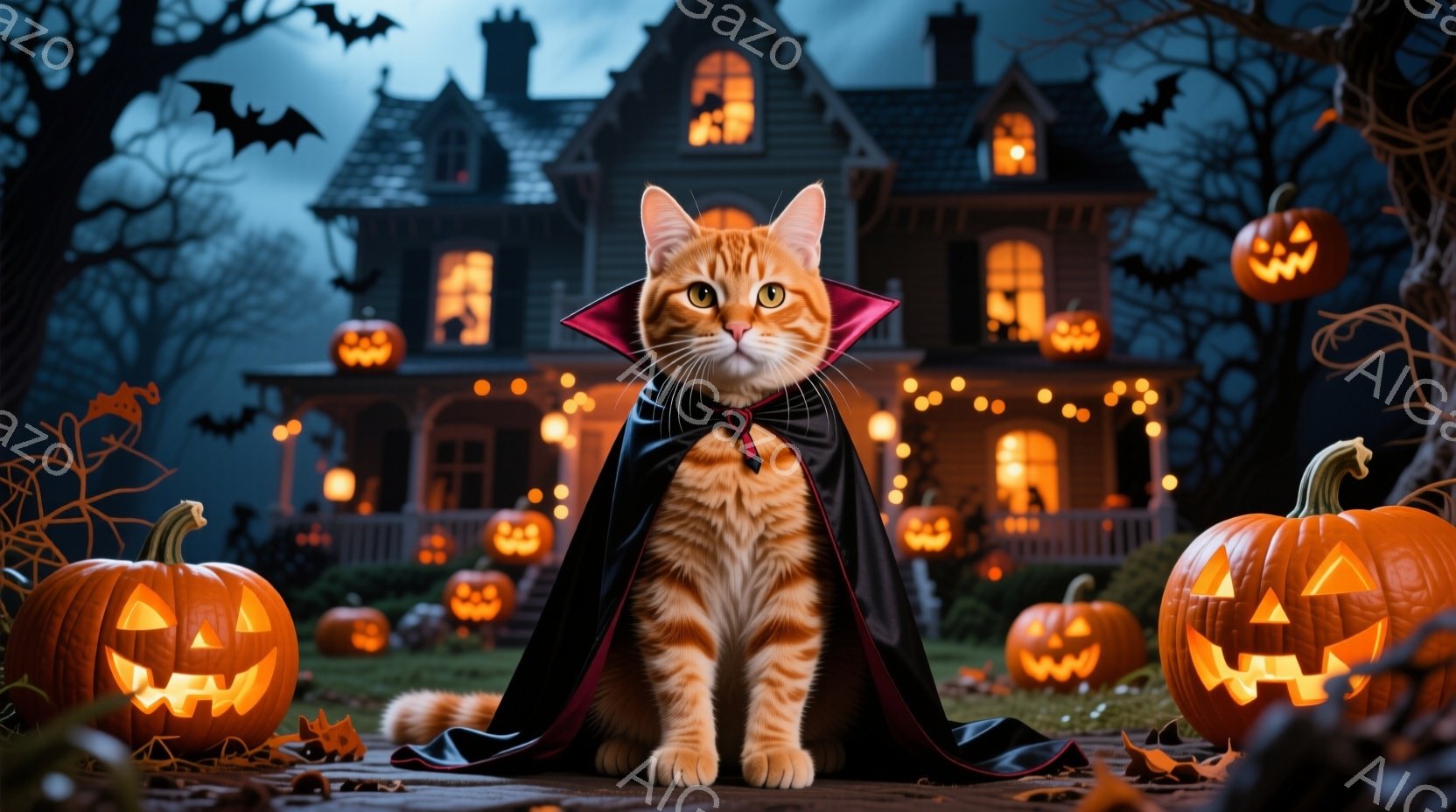 鮮やかなオレンジ色の毛並みの猫が、黒いマントと赤いリボンタイを付けて座っています。背景には、たくさんのジャック・オー・ランタンが灯る、不気味な屋敷と、暗い夜空、そして枯れ葉が散らばった庭園が広がってい - AI生成フリー素材
