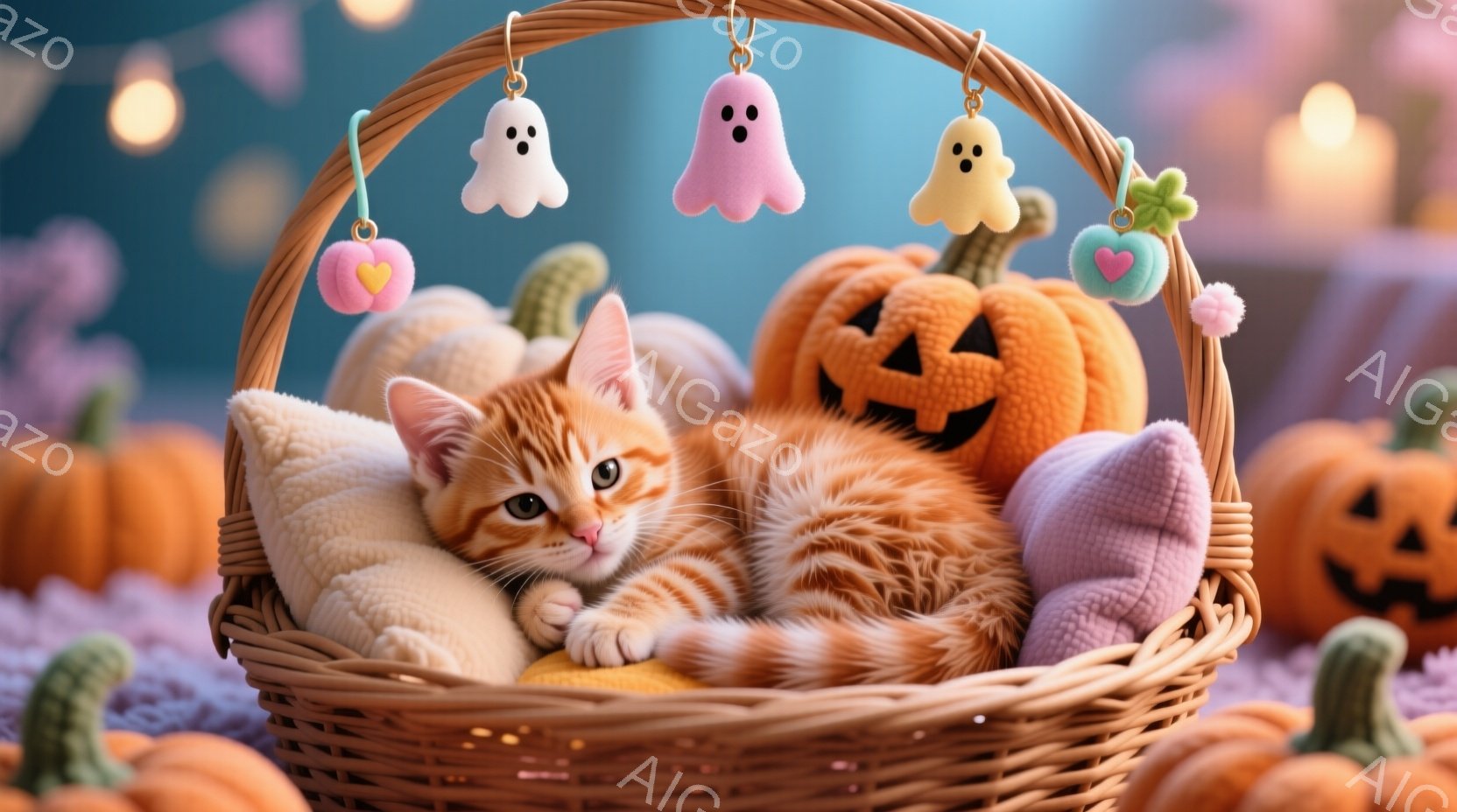 オレンジ色の縞模様の小さな子猫が、柔らかいクッションとハロウィーンの飾りで満たされた籐のバスケットの中でくつろいでいます。子猫はリラックスした表情で、優雅に体を伸ばしており、周囲には彫刻が施されたカボチャや可愛らしいお化けの飾りなどが配置されています。背景はぼかされており、温かく、遊び心のあるハロウィーンの雰囲気を醸し出しています。