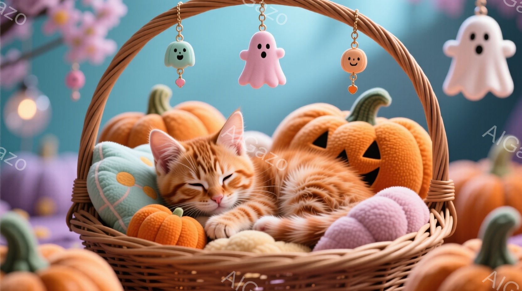 オレンジ色の毛並みの猫が、かごの中に丸まって眠っています。かごの中には、ハロウィンのカボチャと可愛らしいパステルカラーのゴーストが飾られており、背景にはぼんやりとカボチャが並び、全体的に暖かく、優しい - AI生成フリー素材