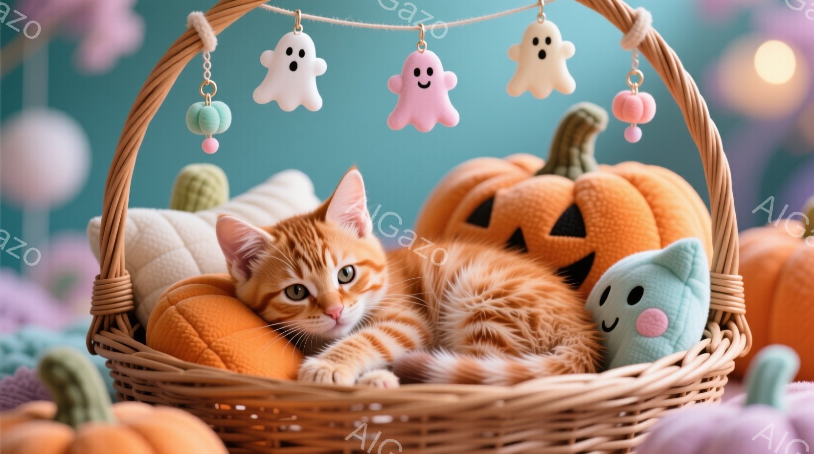 オレンジ色の縞模様の猫が、ハロウィーンをテーマにした籐のバスケットの中でリラックスして横たわっています。猫は少し眠たげな表情で、周りにはオレンジ色のカボチャの形をしたクッションや、幽霊の飾りなどが配置 - AI生成フリー素材