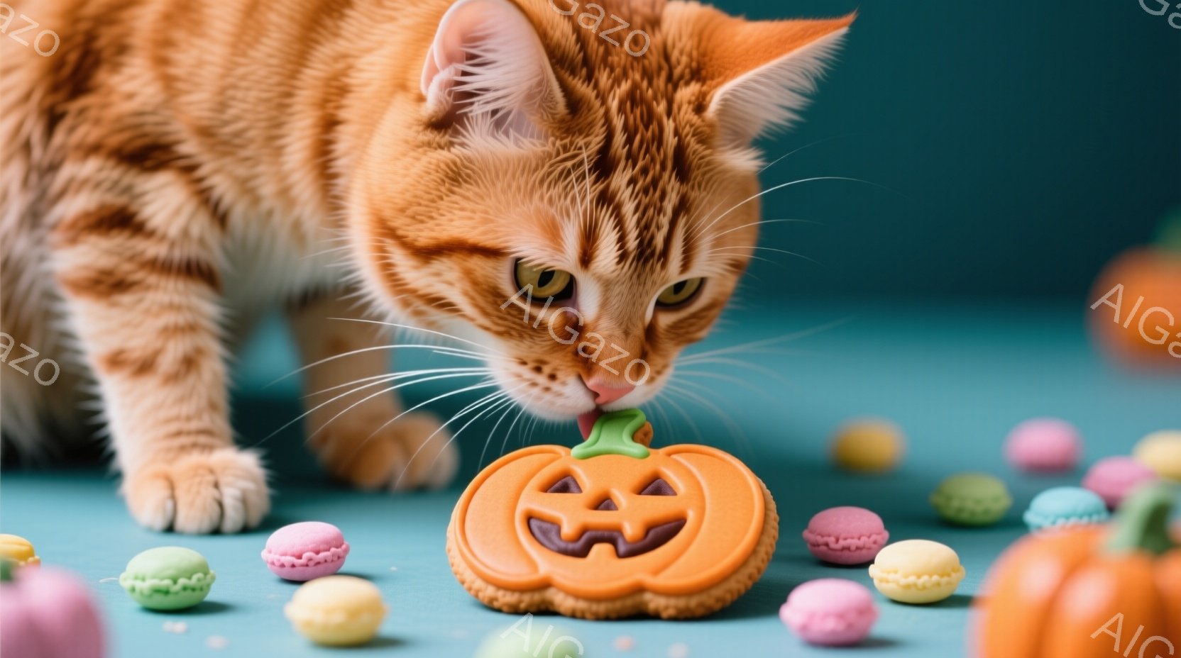 オレンジ色の縞模様の猫が、ハロウィーンのパンプキンクッキーに鼻を近づけています。背景には、パステルカラーのマカロンや小さなパンプキンが散りばめられたターコイズブルーの背景が広がっており、秋の趣のある雰囲気を醸し出しています。猫の表情は興味津々で、甘いお菓子の誘惑に心を奪われている様子が伺えます。