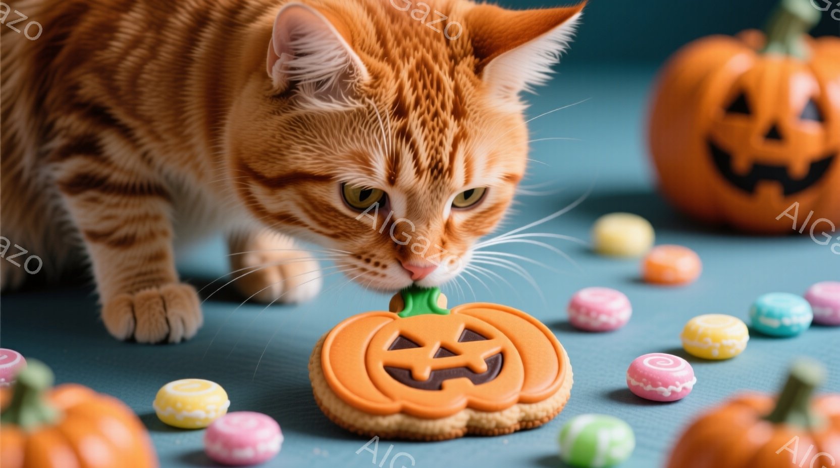 オレンジ色のタビー猫が、ハロウィーンをテーマにしたクッキーにかぶりつこうとしています。背景には、さまざまな色のキャンディーと、ハロウィーンのジャック・オー・ランタンが散りばめられており、青い背景がそれ - AI生成フリー素材