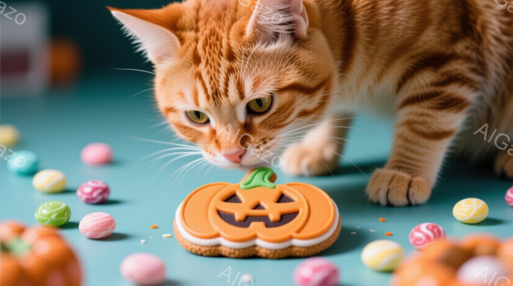 鮮やかなオレンジ色の毛並みを持つ猫が、ハロウィン風のパンプキンクッキーに興味津々で鼻を近づけています。背景にはカラフルなキャンディーが散らばり、明るいターコイズブルーの背景が猫の鮮やかな色を引き立てています。全体的に、遊び心があり、可愛らしい雰囲気が漂っています。