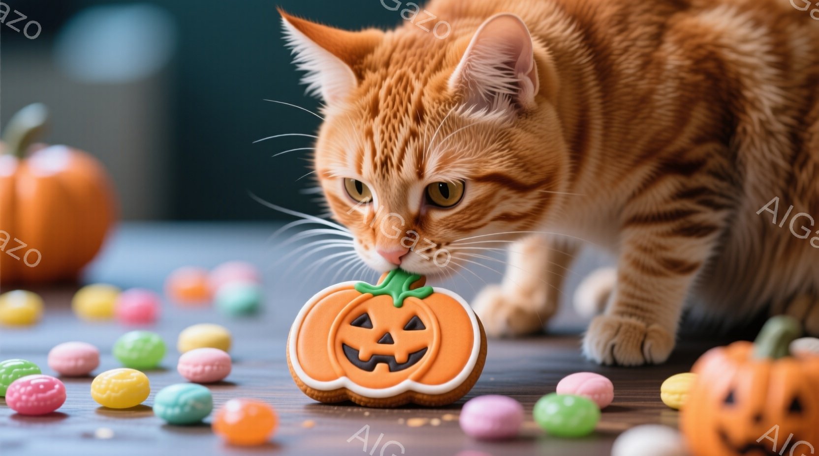 鮮やかなオレンジ色のトラ猫が、ハロウィーンのクッキー（カボチャの形）を興味深そうに覗き込んでいる様子が写っている。周囲にはカラフルなジェリービーンズが散らばり、背景には小さなカボチャの置物がいくつか配置されている。全体的に温かく、遊び心溢れるハロウィーンの雰囲気が漂っている。
