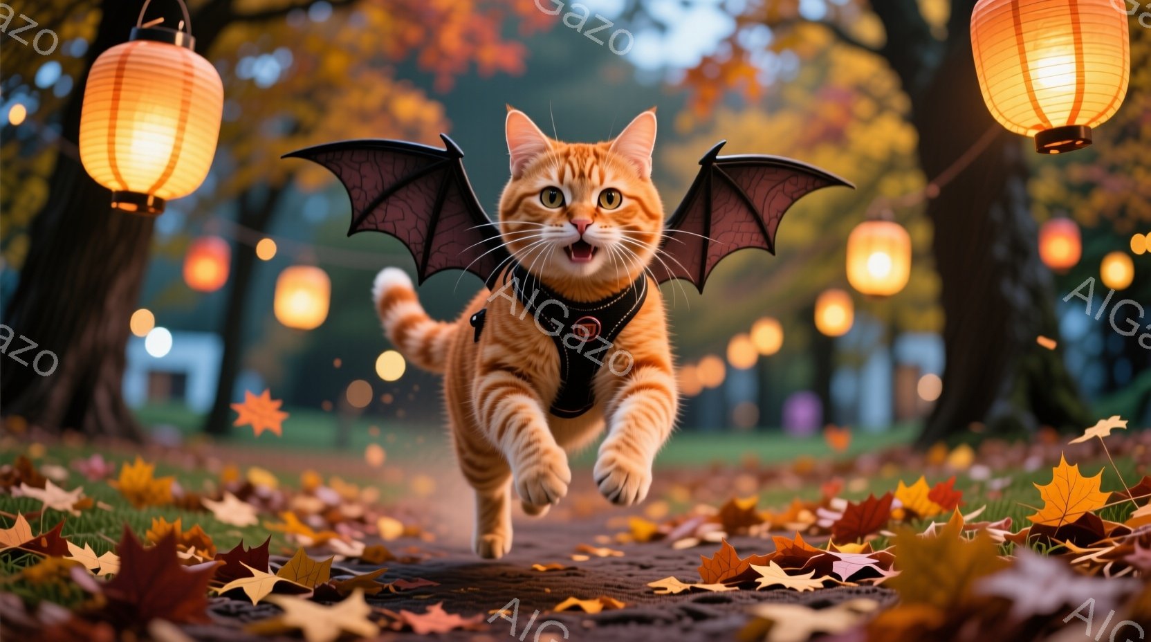 鮮やかなオレンジ色の猫が、黒い翼とハーネスを装着して、落ち葉が敷き詰められた道を走り出している。背景には、夕暮れ時の公園の木々がシルエットとなり、オレンジ色の提灯が幻想的な光を放っている。全体的に、秋の温かく遊び心溢れる雰囲気が漂っている。