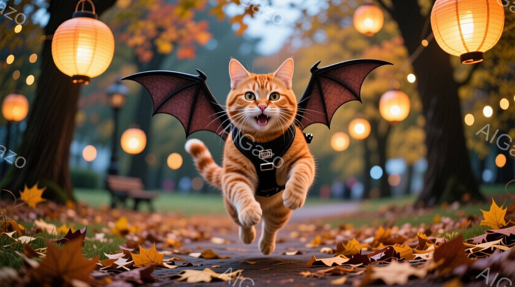 オレンジ色の猫が、まるで飛んでいるかのように空中で前足を伸ばして走っています。黒いコウモリの翼のようなものが背中に取り付けられ、ハーネスを着用しています。背景には、落ち葉で覆われた遊歩道と、温かい光を放つ提灯が並び、秋の暖かい雰囲気を感じさせます。