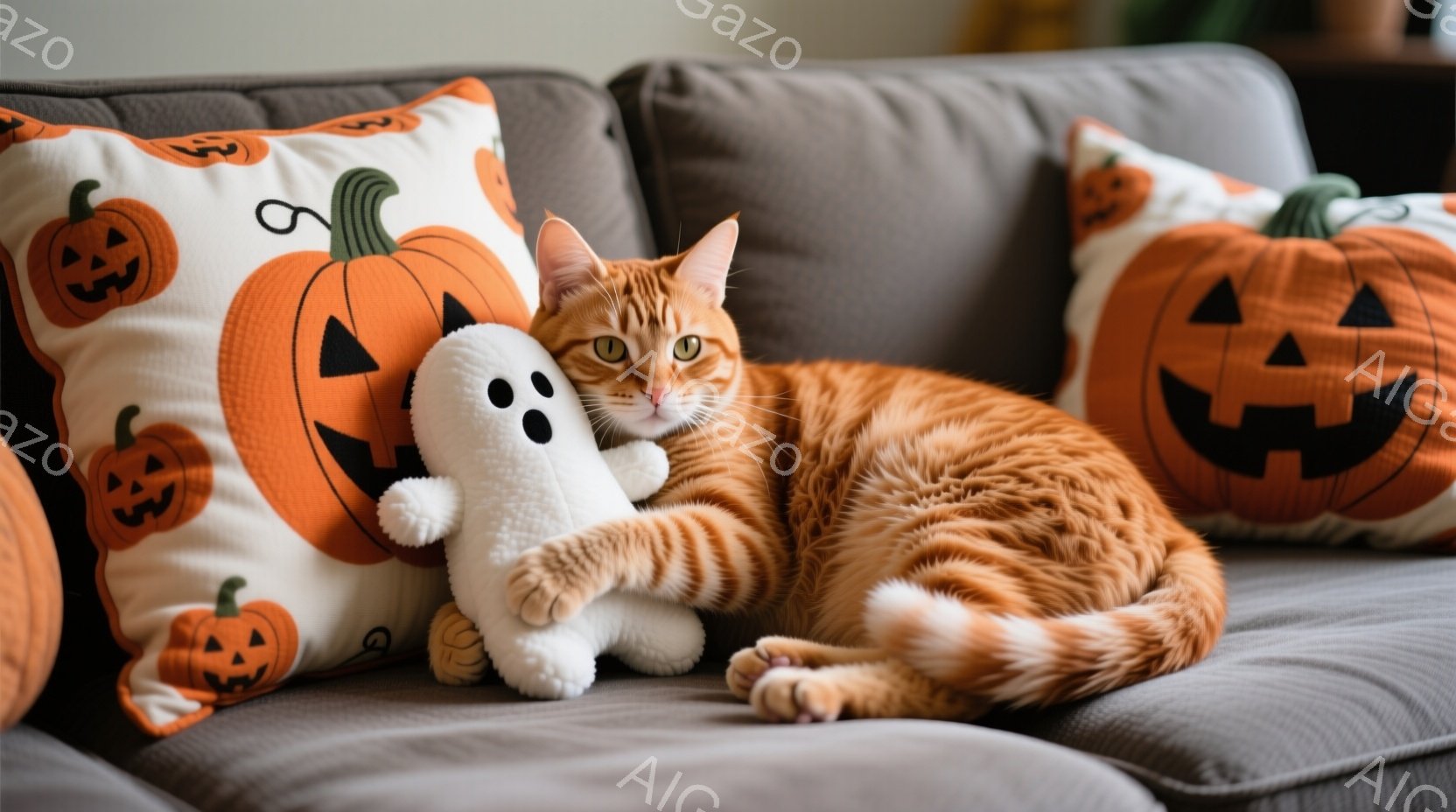 オレンジ色のトラ猫が、ハロウィーン柄のクッションに囲まれた灰色のソファでリラックスして横たわっています。猫は少し眠たげな表情で、隣にある白い小さな幽霊のぬいぐるみを見つめています。背景はシンプルで、温 - AI生成フリー素材