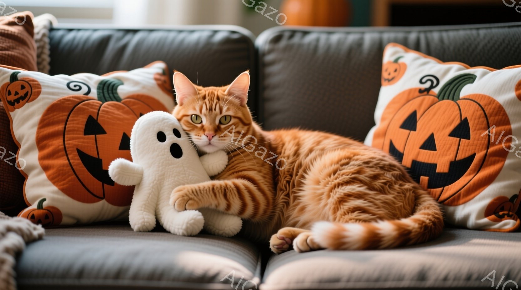 オレンジ色の縞模様の猫が、ハロウィーンをテーマにしたカボチャ柄のクッションに囲まれた灰色のソファでくつろいでいます。猫は片方の前足で白いゴーストのぬいぐるみを抱え、リラックスした表情でこちらを見ています。背景はぼやけていますが、室内であり、暖かく落ち着いた雰囲気を感じさせます。