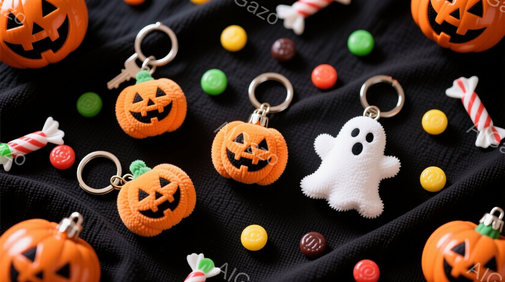 黒い布の上に、ハロウィーンの装飾品やキャンディーが散らばっています。オレンジ色のジャック・オー・ランタンのキーホルダー、白い幽霊のぬいぐるみ、カラフルなM&Mチョコレートやキャンディーが、ハロウィーン - AI生成フリー素材