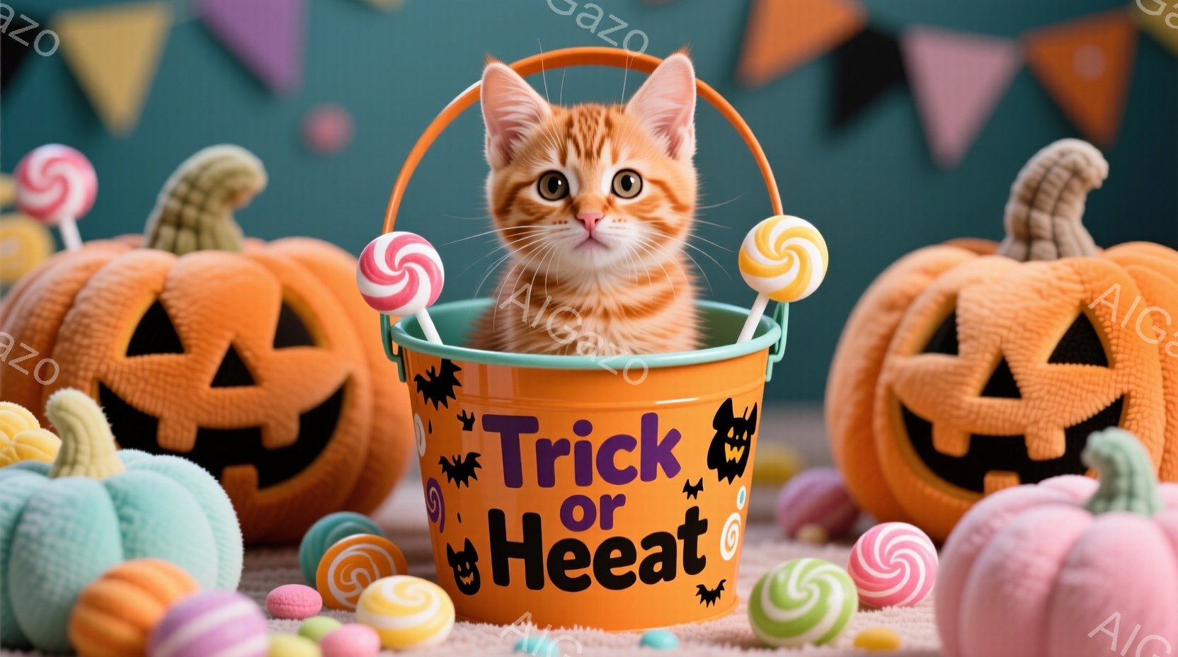 オレンジ色のハロウィーンのバケツの中に、縞模様のオレンジ色の子猫が可愛らしく座っています。バケツには「Trick or Treat」と書かれており、周りには様々な色のキャンディーやハロウィーンのジャック・オー・ランタンが置かれています。全体的に明るく、お祭り気分で、可愛らしい雰囲気を醸し出しています。
