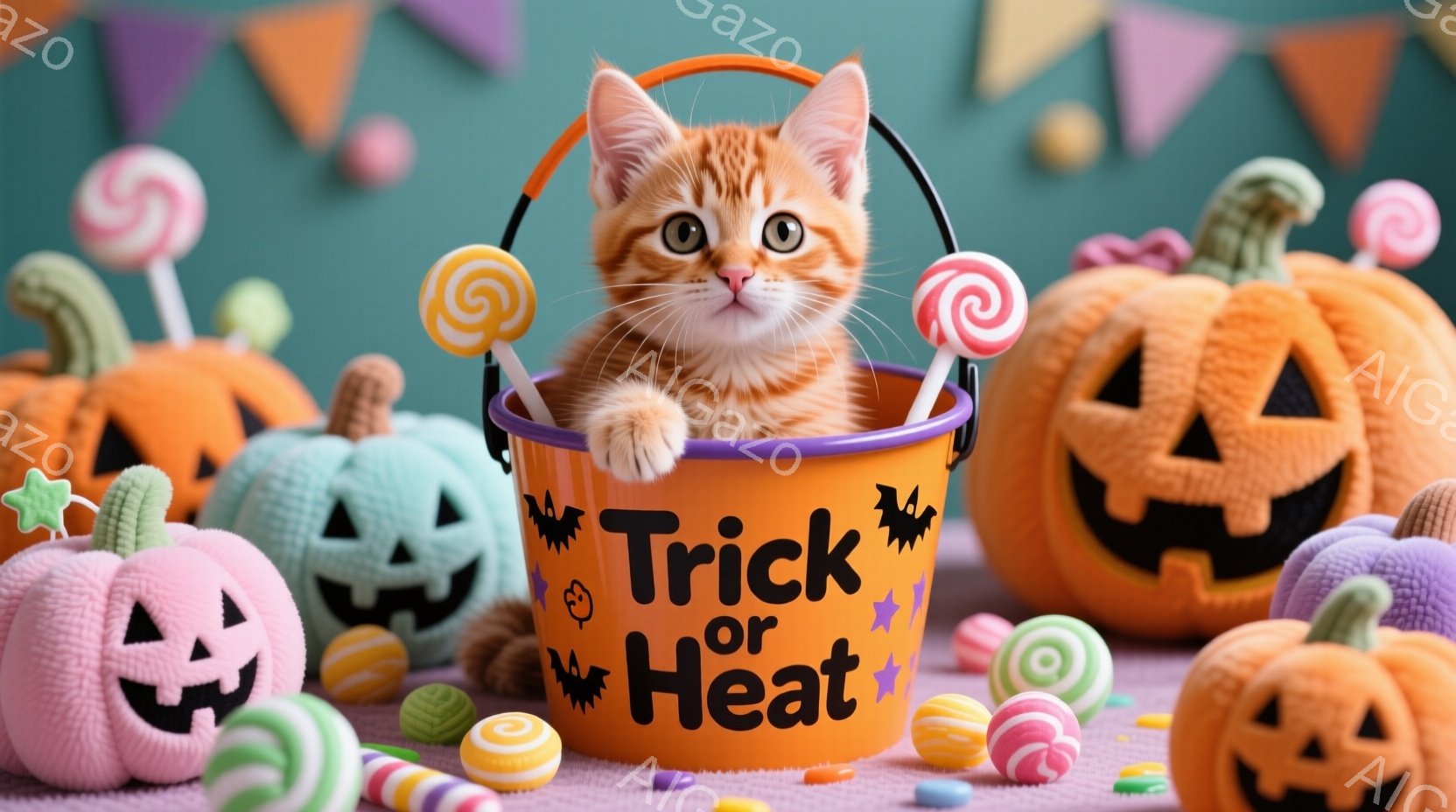 オレンジ色のキティが「Trick or Treat」と書かれたバケツの中に座っており、好奇心旺盛な表情で正面を見ています。背景には、様々な色のハロウィーンカボチャやキャンディが散りばめられ、明るい紫色のテーブルの上に置かれています。全体的に、可愛らしく楽しいハロウィーンの雰囲気が漂っています。