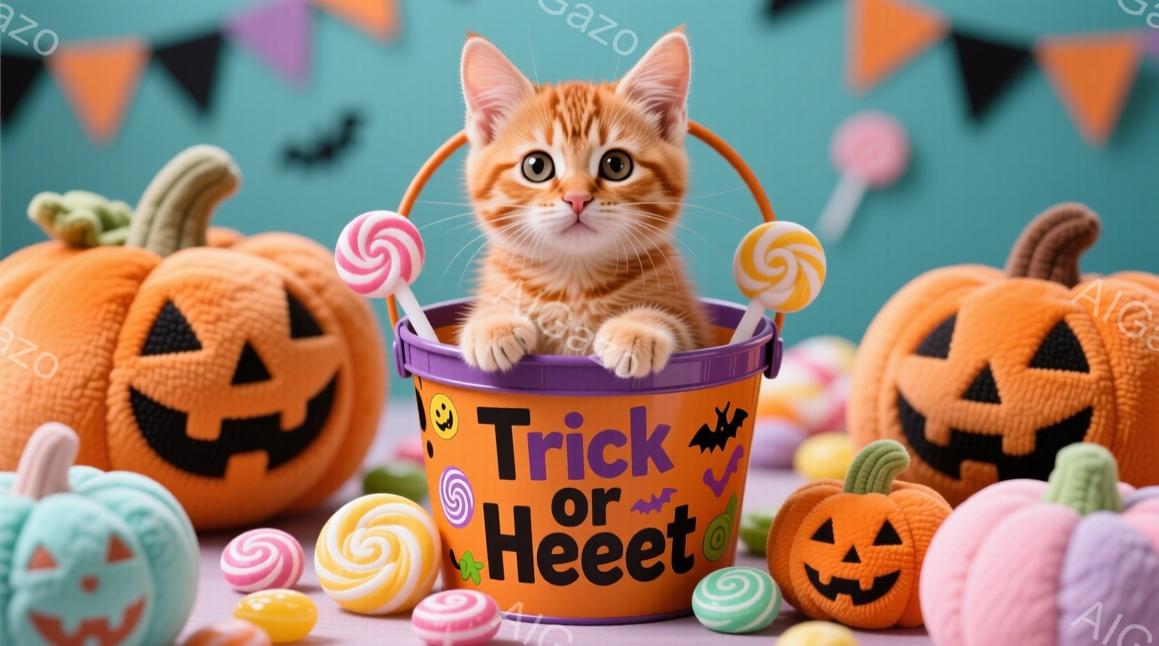 オレンジ色の小さな子猫が、ハロウィーンをテーマにしたオレンジ色のバケツの中に座っています。バケツには「Trick or Treat」と書かれており、周囲にはキャンディーやパンプキン型のハロウィーンのお菓子が散りばめられています。背景は水色で、黒いコウモリの飾りがあり、全体的に明るく楽しいハロウィーンの雰囲気が漂っています。