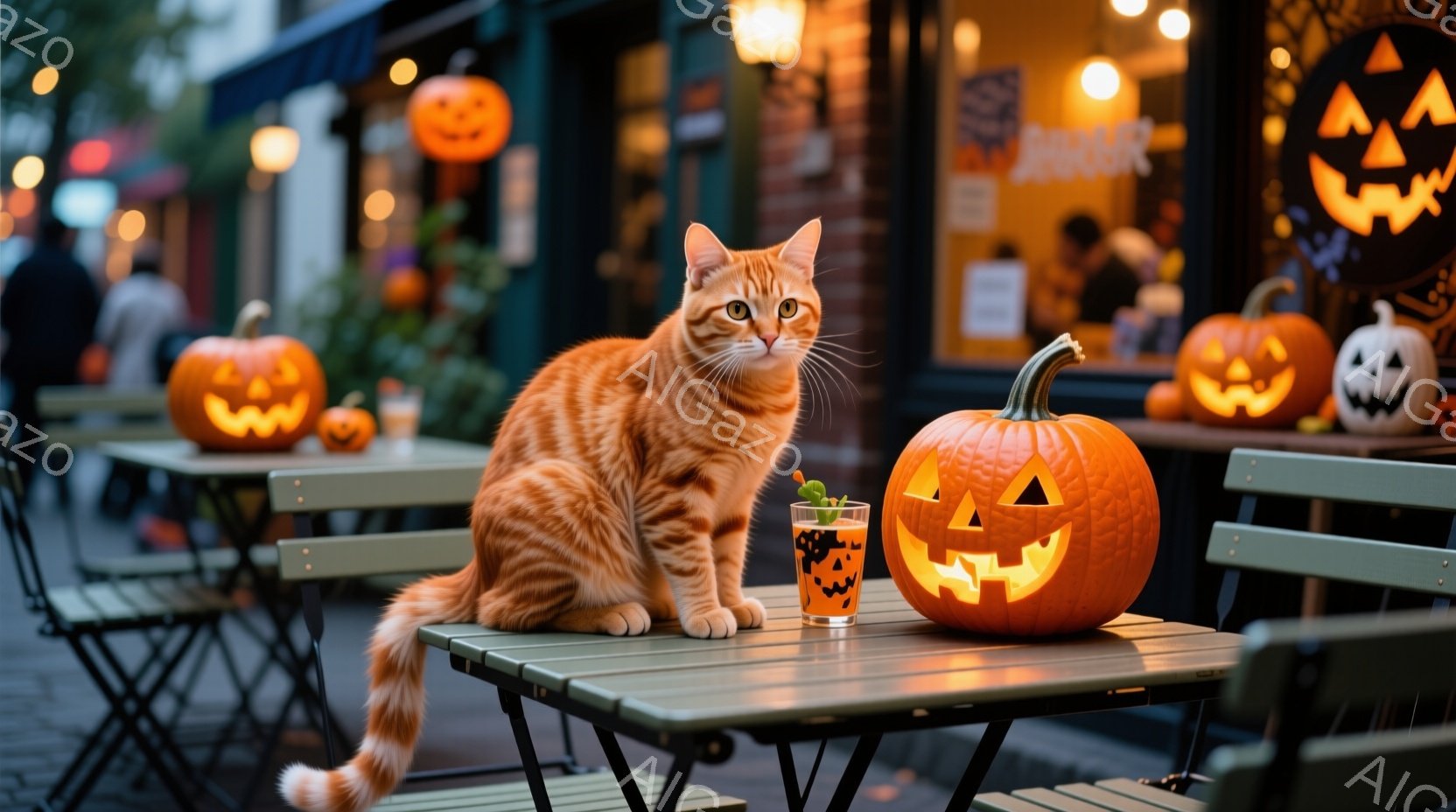 オレンジ色のトラ猫が、ハロウィンの装飾がされた屋外カフェのテーブルに座っています。テーブルの上には、小さなサボテンが植えられたハロウィン柄のグラスと、ジャック・オー・ランタンが置かれています。背景には、さらに多くのジャック・オー・ランタンやカフェの建物が見え、全体的に暖かく、お祝いの雰囲気が漂っています。