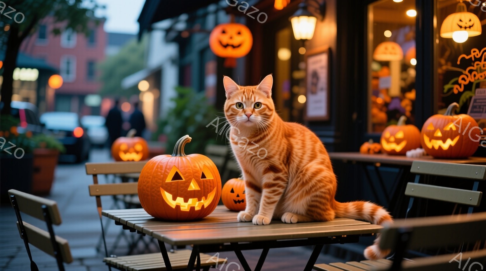 オレンジ色のトラ猫が、ハロウィーンの装飾がされた屋外のカフェのテーブルに座っています。周りには、様々な大きさのジャック・オー・ランタンが置かれ、背景にはぼやけた商店街と薄暗い夜空が見えます。全体的に、 - AI生成フリー素材