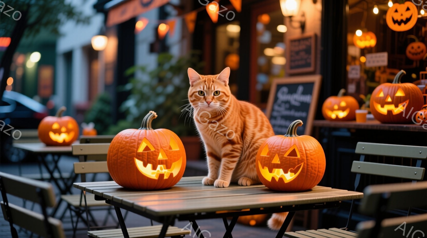オレンジ色のトラ猫が、ハロウィーンの飾り付けがされた屋外のカフェのテーブルに座っています。テーブルの上には、点灯したジャック・オ・ランタンが2つ置かれており、背景には他のジャック・オ・ランタンやカフェ - AI生成フリー素材