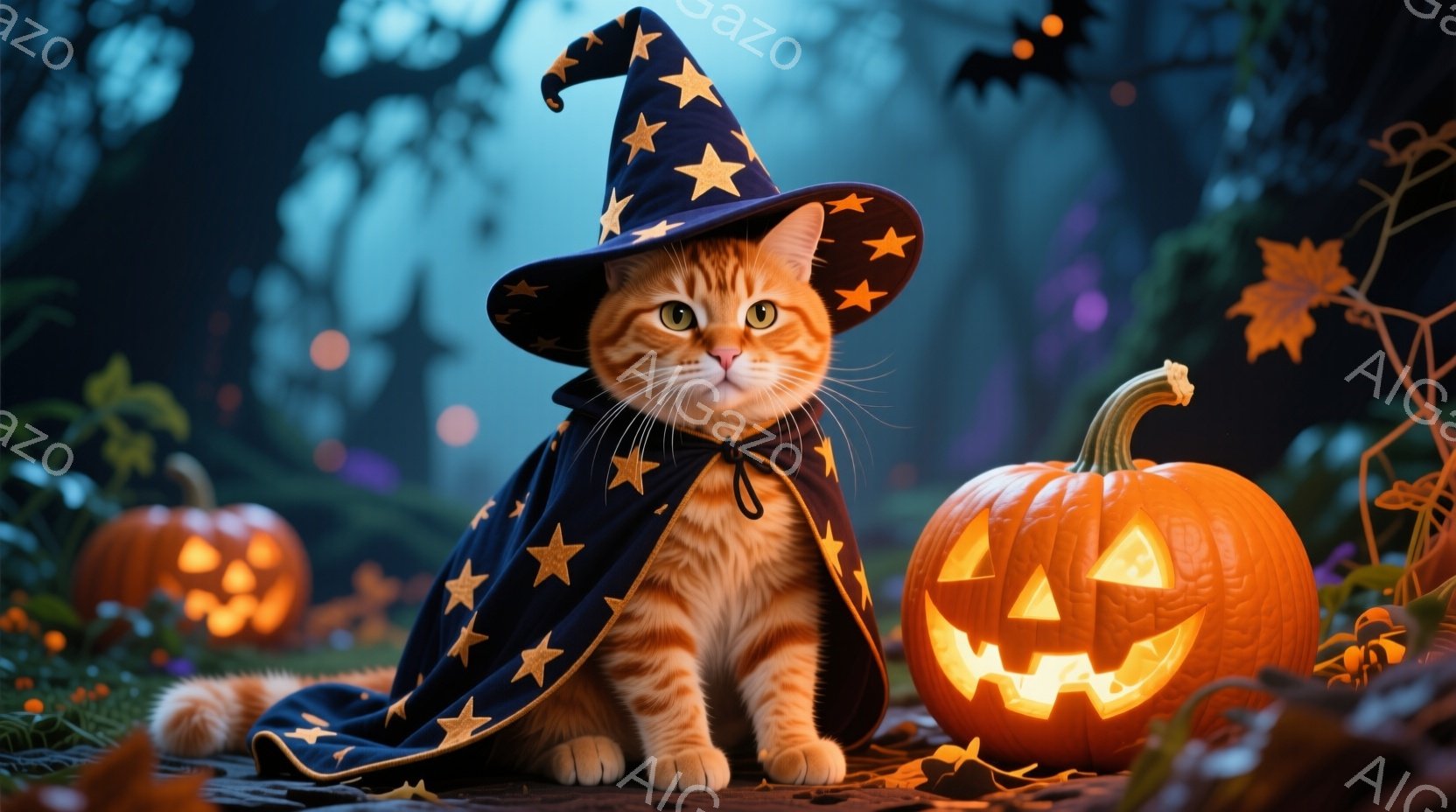 明るいオレンジ色の猫が、星が散りばめられた黒い魔法使いの帽子とマントを身に着けて座っています。背景には、彫刻が施されたジャック・オ・ランタンや木の葉が散らばり、暗い森が広がっています。 全体的にハロウ - AI生成フリー素材