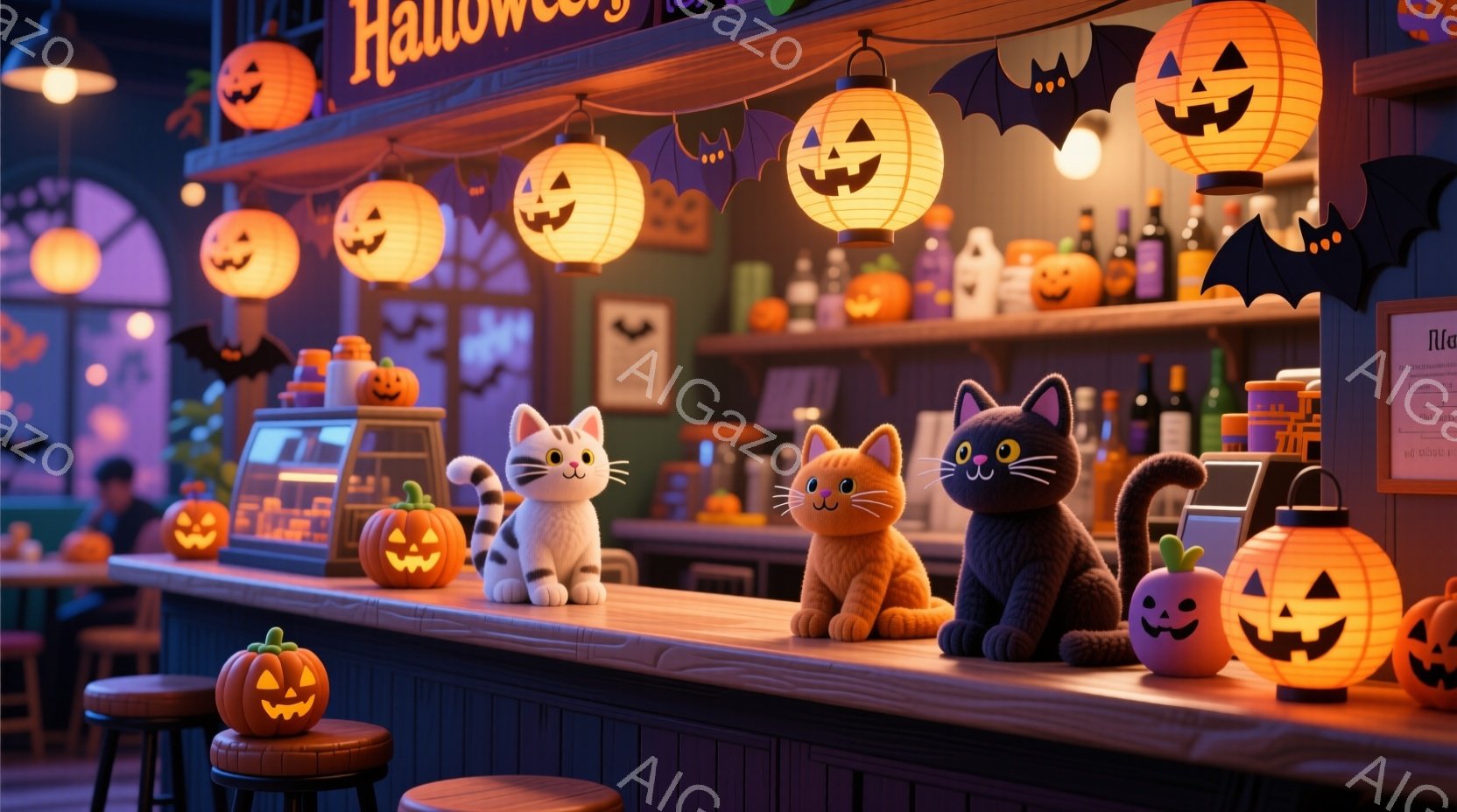 ハロウィーンの装飾がされたカウンターの上に、三匹の愛らしい猫が並んでいます。それぞれの猫は異なる毛色で、白と黒の猫、オレンジ色の猫、そして黒い猫です。カウンターはカボチャのランタンや飾りで彩られ、ハロウィーンの楽しい雰囲気を醸し出しています。