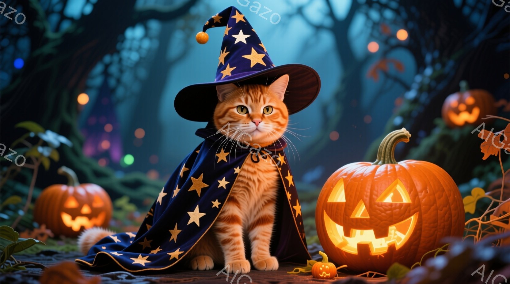 オレンジ色の毛並みを持つ子猫が、星が刺繍された濃い青色のマントと、先が尖った魔女帽子を身に着けて座っています。その表情は自信に満ち溢れ、ハロウィーンの準備万端です。背景には、光るジャック・オー・ランタ - AI生成フリー素材
