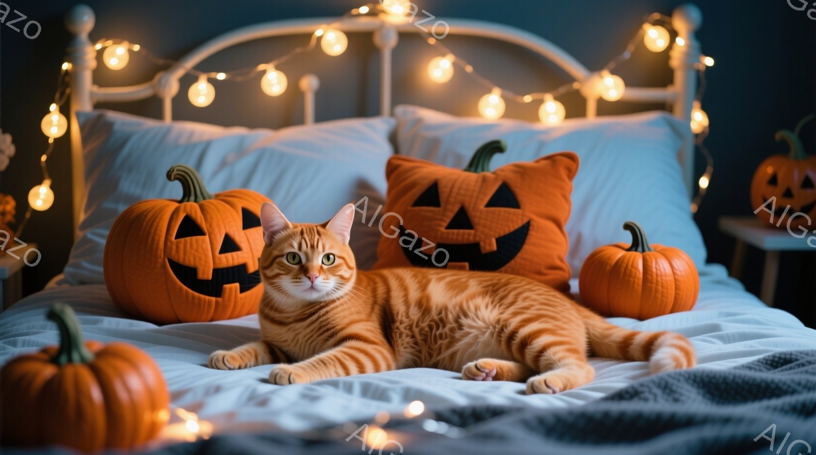 オレンジ色の毛並みの猫が、ハロウィーンの飾りであるカボチャのクッションと本物のカボチャに囲まれてベッドに横たわっています。猫はリラックスした様子で、カメラの方を見て穏やかな表情を浮かべています。背景に - AI生成フリー素材