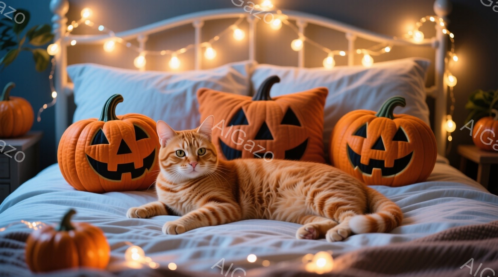 オレンジ色の縞模様の猫がベッドに横たわっており、その背後にはハロウィーンのジャック・オー・ランタンの枕が並べられています。ベッドは白く、背景は暗い青色で、暖かい光のストリングライトが飾られています。全 - AI生成フリー素材