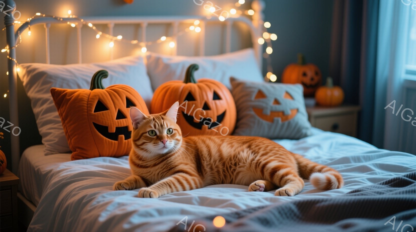 明るいオレンジ色の縞模様の猫が、ハロウィーンの装飾がされたベッドの上でゆったりと横たわっています。背景には、カボチャの形をしたクッションや小さなカボチャの置物があり、ベッドのヘッドボードには暖色のフェ - AI生成フリー素材