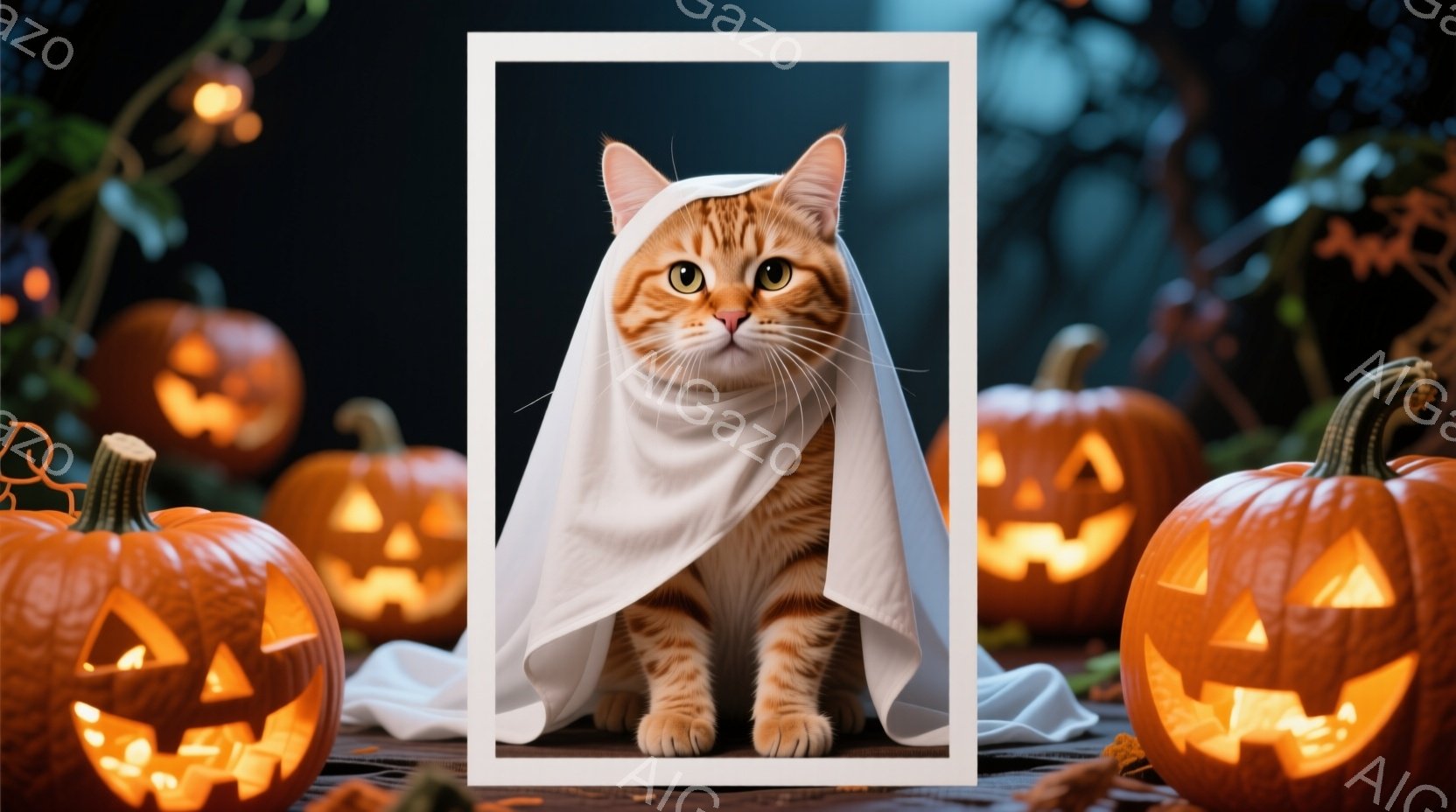 オレンジ色のトラ猫が白い布をマントのように羽織って座っています。猫は正面をまっすぐ見ており、好奇心と少しの警戒心を湛えた表情をしています。背景にはハロウィーンのランタンとしてくり抜かれた様々な大きさのオレンジ色のカボチャが配置され、暗闇の中で暖かく光っています。