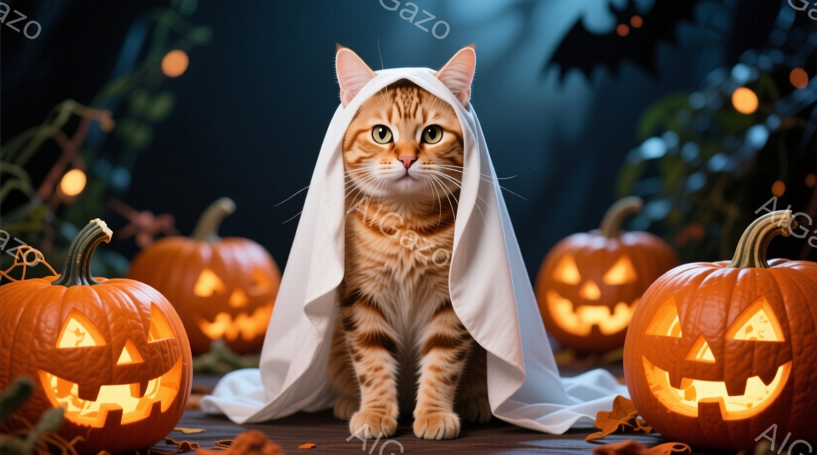 鮮やかなオレンジ色のトラ猫が、白い布をマントのように羽織って座っています。猫は正面を見ており、鋭い眼光で何かを伺っているような表情をしています。背景には、ジャック・オー・ランタンが灯り、落ち葉が散らば - AI生成フリー素材