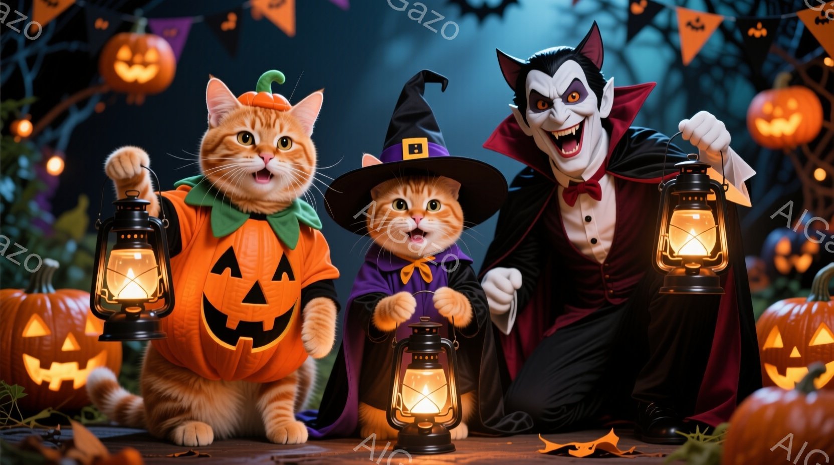 ハロウィーンの衣装を着た2匹の猫と、吸血鬼の衣装を着た人物が写っています。片方の猫はカボチャの衣装を着て、もう片方の猫は魔女の帽子とマントを身につけ、それぞれ提灯を持っています。背景には、お化け屋敷の - AI生成フリー素材