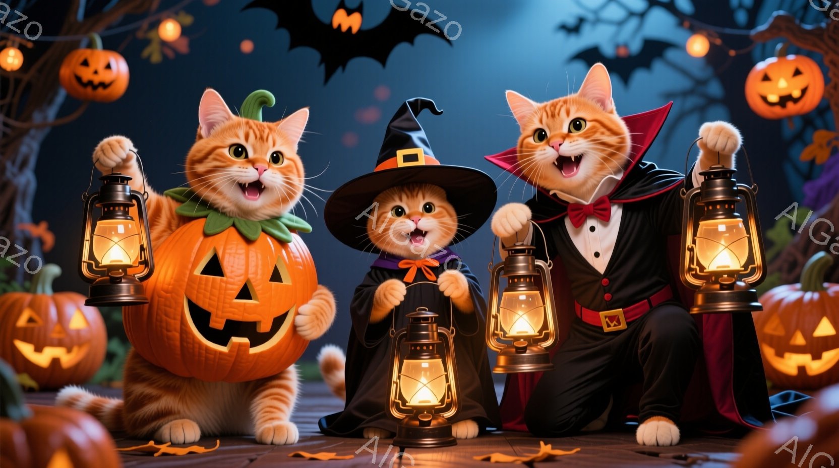 三匹の猫がハロウィーンの装いで楽しそうに並んでいます。一番左の猫はカボチャの衣装を着ており、中央の猫は魔女の帽子をかぶっています。一番右の猫はヴァンパイア風の衣装を着ており、それぞれ手には点灯したラン - AI生成フリー素材