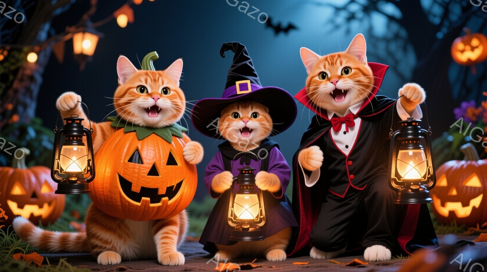 人間が描き、現実的な猫の代わりに、逆立ちする猫のようなキャラクターを用いたホログラフィックイメージであり、以下の要素が含まれています。 - キャラクターは、ハロウィンの雰囲気を出している。1猫は恐れを示す表情であり、2猫は興奮した表情を持っています。 - キャラクターの服装と髪型は魔法使い風で、魔法使いの様子を模しています。1猫は黒色の魔法使い風の服装、2猫は各自が違った色の魔法使い風の服装を着用しているでしょう。