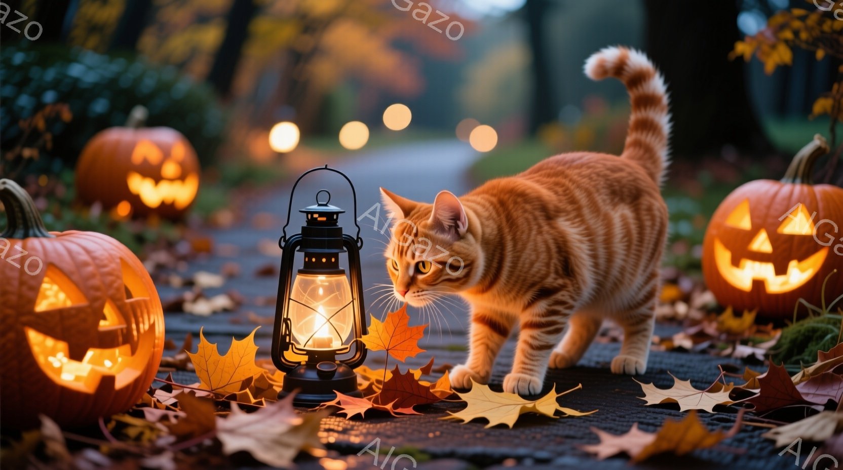オレンジ色の毛並みの猫が、ハロウィーンの飾りであるカボチャとランタンの周りを歩いています。地面には紅葉した葉が散らばり、背景は暗い森で、ぼんやりとした光が差し込んでいます。全体的に、秋の夜のハロウィー - AI生成フリー素材