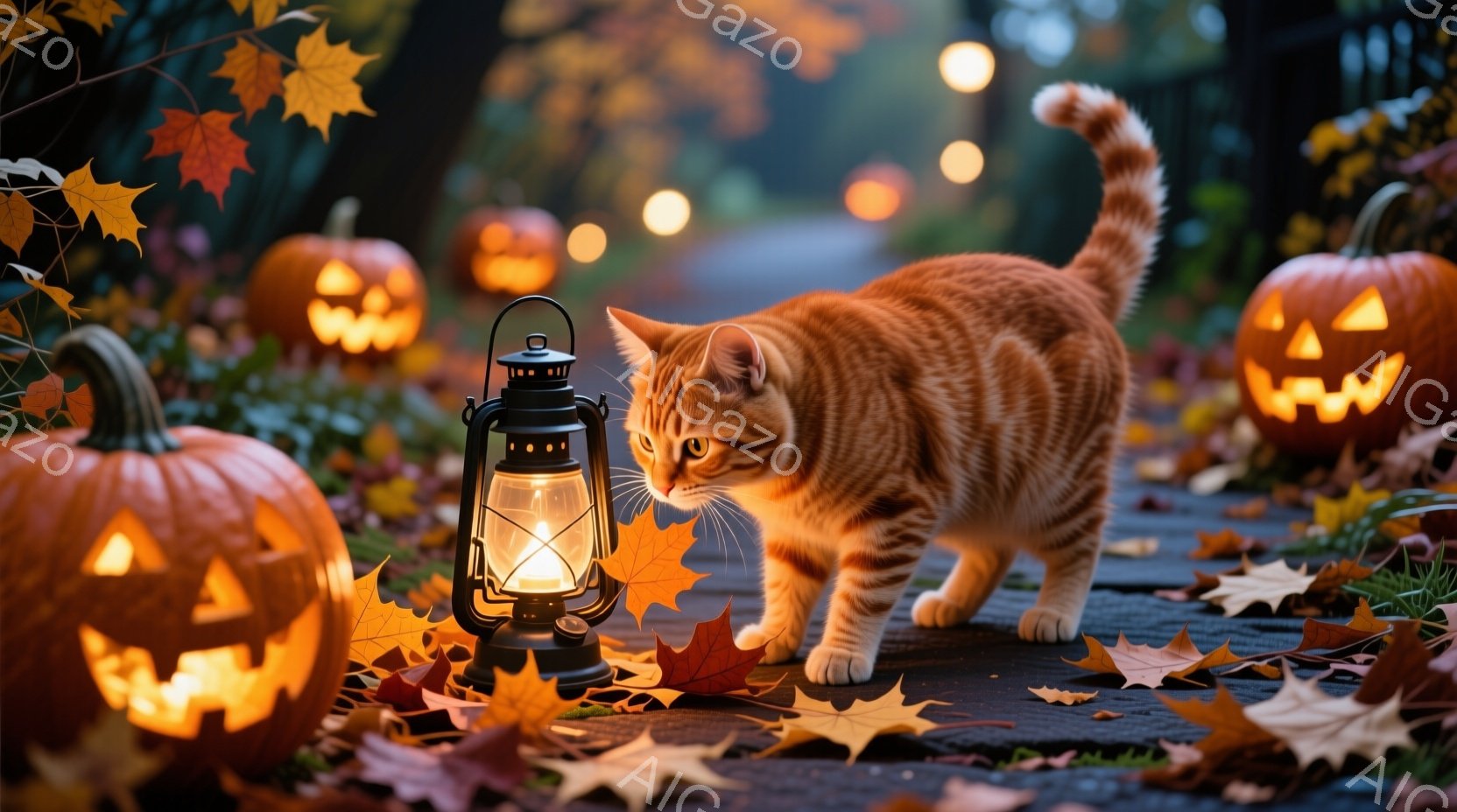 明るいオレンジ色の猫が、ハロウィーンの装飾が施された暗い道を進んでいます。猫は前かがみになり、好奇心旺盛な表情で、点灯したランタンを見つめています。背景には、様々な大きさのジャック・オ・ランタンが並び - AI生成フリー素材