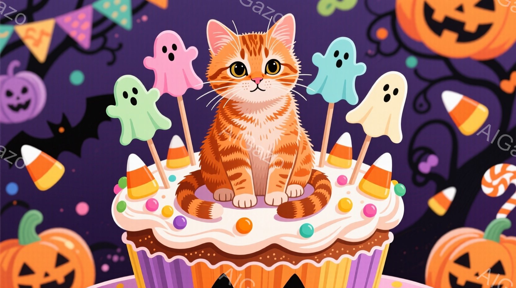 オレンジ色の縞模様の猫が、クリームとカラフルなスプリンクルで飾られた大きなカップケーキの上に座っています。背景は紫色のグラデーションで、ハロウィーンの飾り、例えばカボチャやお化けのイラストが散りばめら - AI生成フリー素材