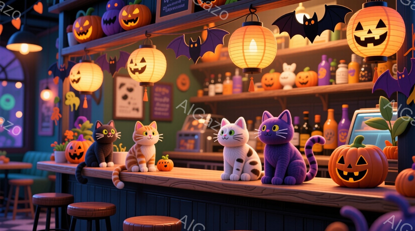 ハロウィーンをテーマにしたバーカウンターに、様々な色の猫たちが並んでいます。カボチャのランタンや装飾がカウンターや背景を彩り、お祝いの雰囲気を醸し出しています。紫色の壁や装飾が、少し不気味でありながら - AI生成フリー素材