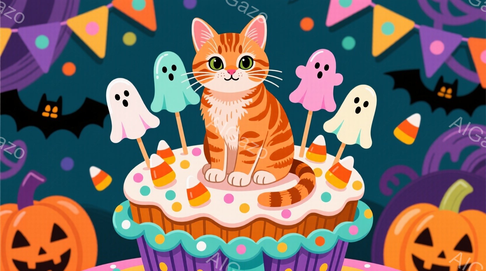 オレンジ色の縞模様の猫が、クリームと紫色のアイシングで飾られた大きなカップケーキの上に座っています。カップケーキにはキャンディーコーンと幽霊の形をした飾り付けが施され、背景にはハロウィーンを象徴するカボチャや装飾が散りばめられています。全体的に明るく、お祝いムードに満ちたハロウィーンの雰囲気です。