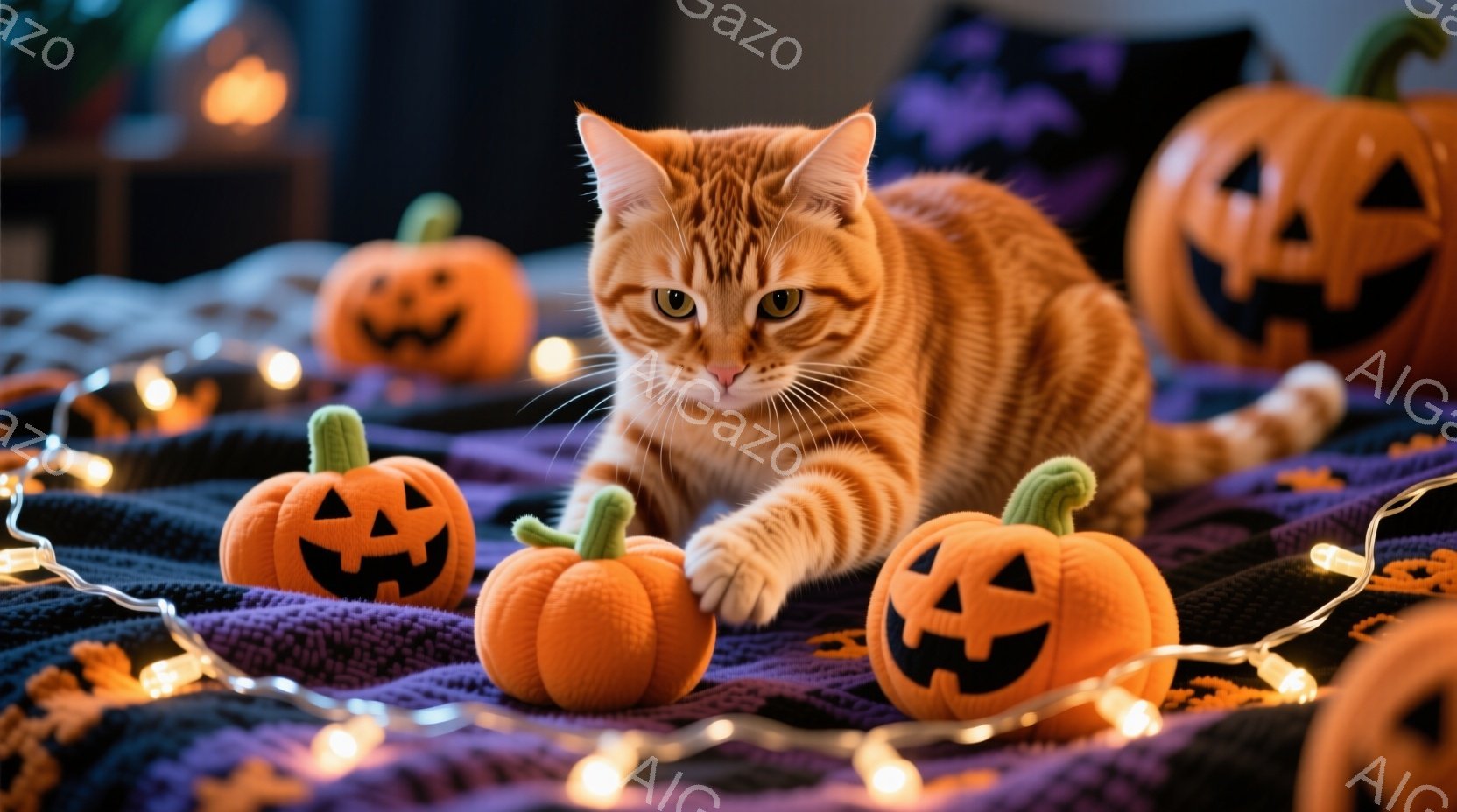 オレンジ色の猫が、ハロウィーンの小さなカボチャのおもちゃの周りに横たわっています。猫はリラックスした表情で、片足を伸ばしてカボチャに触れています。背景には、紫色の布とオレンジ色のライトが散りばめられて - AI生成フリー素材