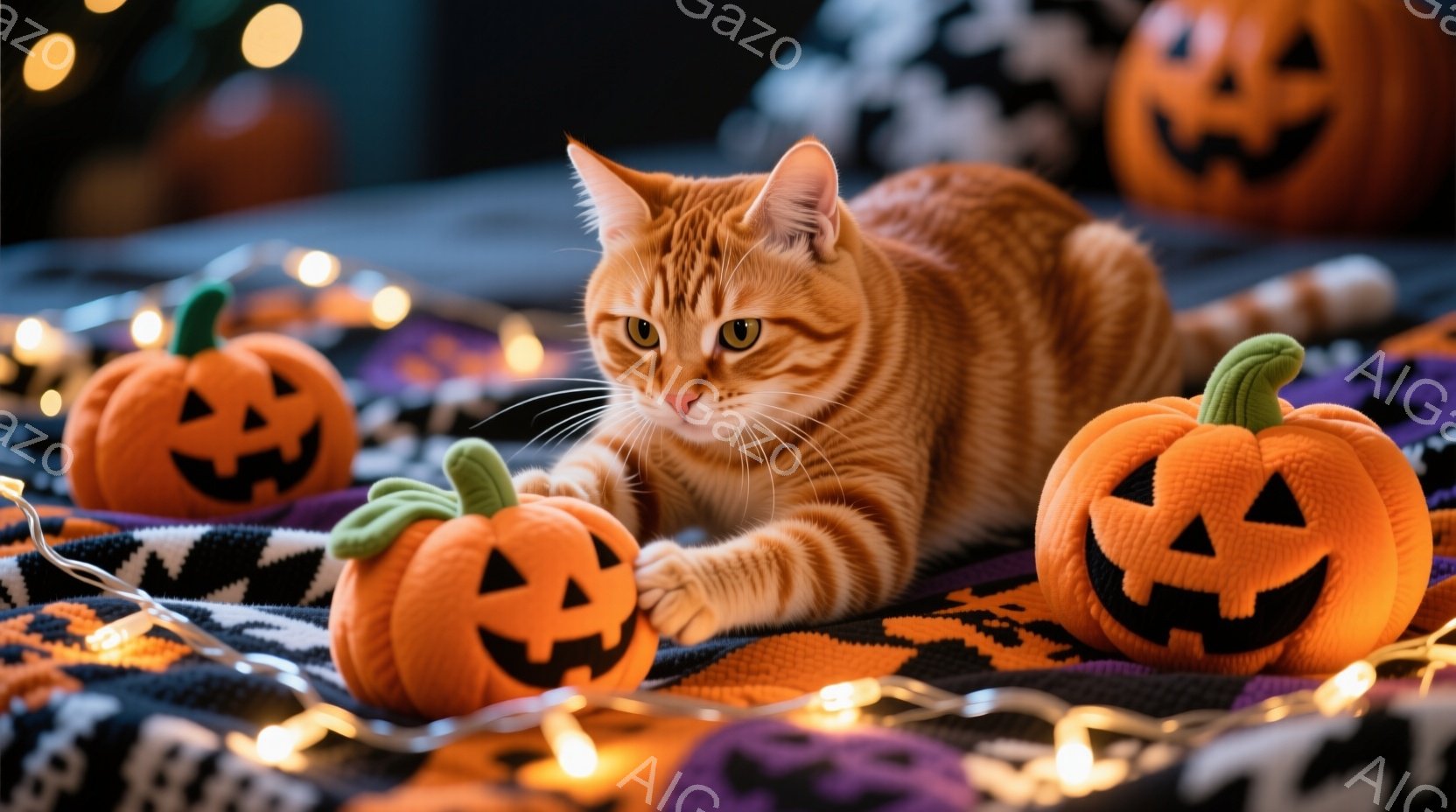 オレンジ色の縞模様の猫が、紫と黒のニットの上に横たわっています。周りには小さなオレンジ色のジャック・オ・ランタンが置かれ、温かみのある光が灯っています。全体的にハロウィーンの雰囲気で、猫はリラックスした様子で、まるでハロウィーンの飾りの一部であるかのようです。