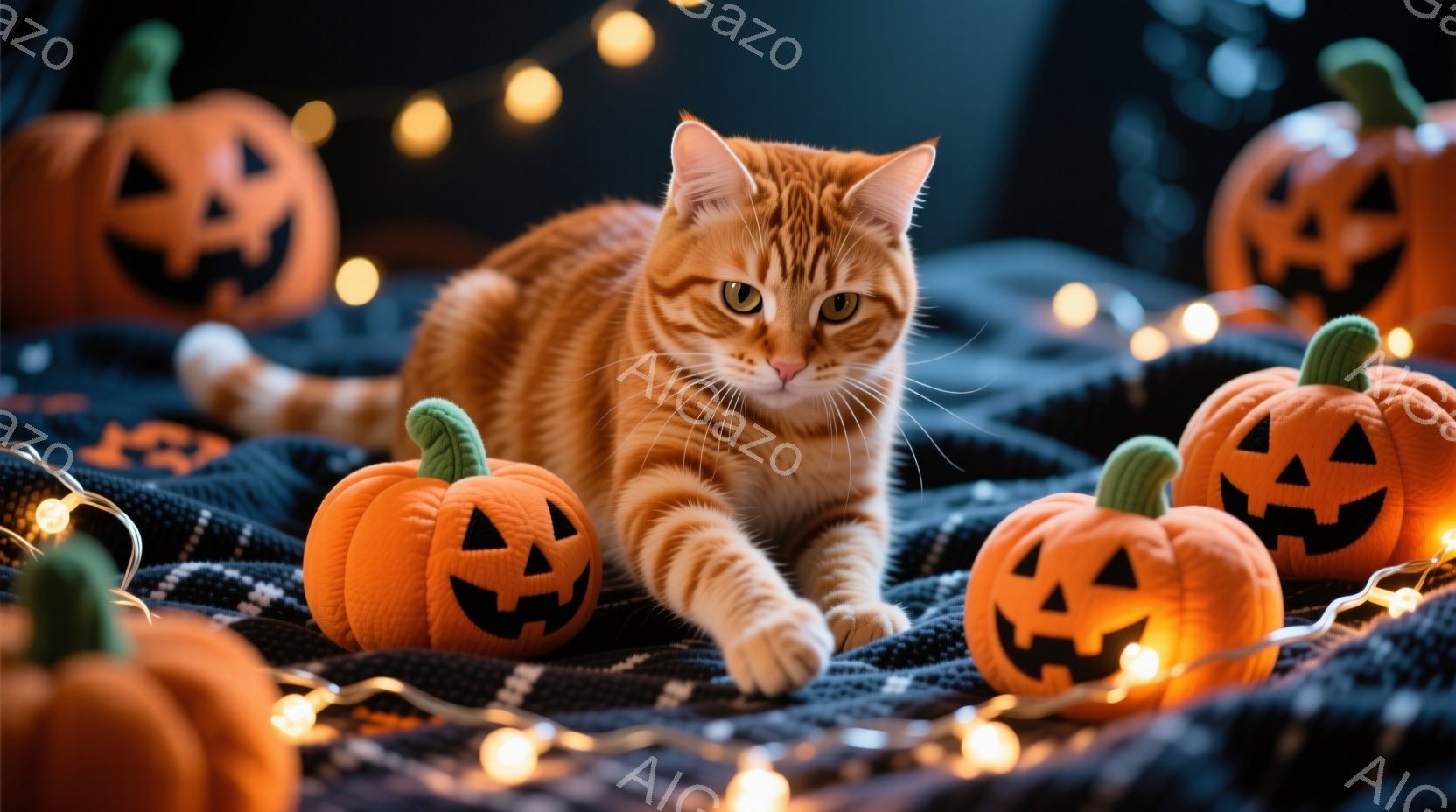 明るいオレンジ色の毛並みを持つ猫が、ハロウィーンの装飾であるカボチャのランタンに囲まれて横たわっています。猫は前足を伸ばし、リラックスした様子でこちらを見つめており、背景には点灯したオレンジ色のライト - AI生成フリー素材