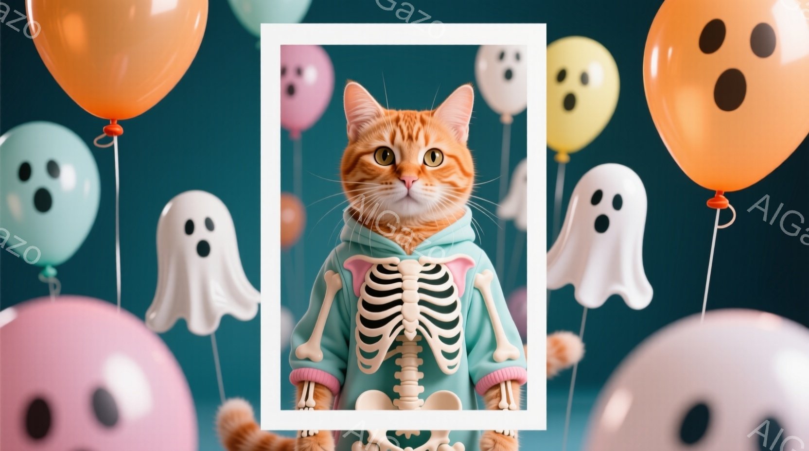 オレンジ色の猫が、緑色の骸骨プリントのパーカーを着て、カメラの正面を見つめています。猫はリラックスした表情で、少しだけ口を開けています。背景には、パステルカラーの幽霊の形をした風船が浮かび、ハロウィン - AI生成フリー素材