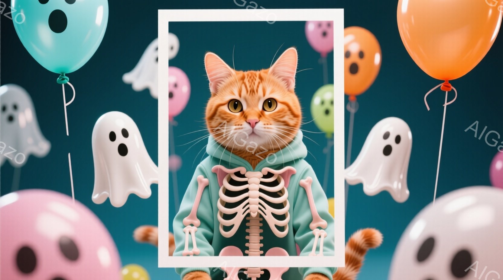 鮮やかなオレンジ色の猫が、骸骨がプリントされた水色のパーカーを着て、カメラに向かって正面を向いています。猫は少し驚いたような表情で、丸い目とピンク色の鼻が可愛らしいです。背景には、ピンク、オレンジ、水 - AI生成フリー素材