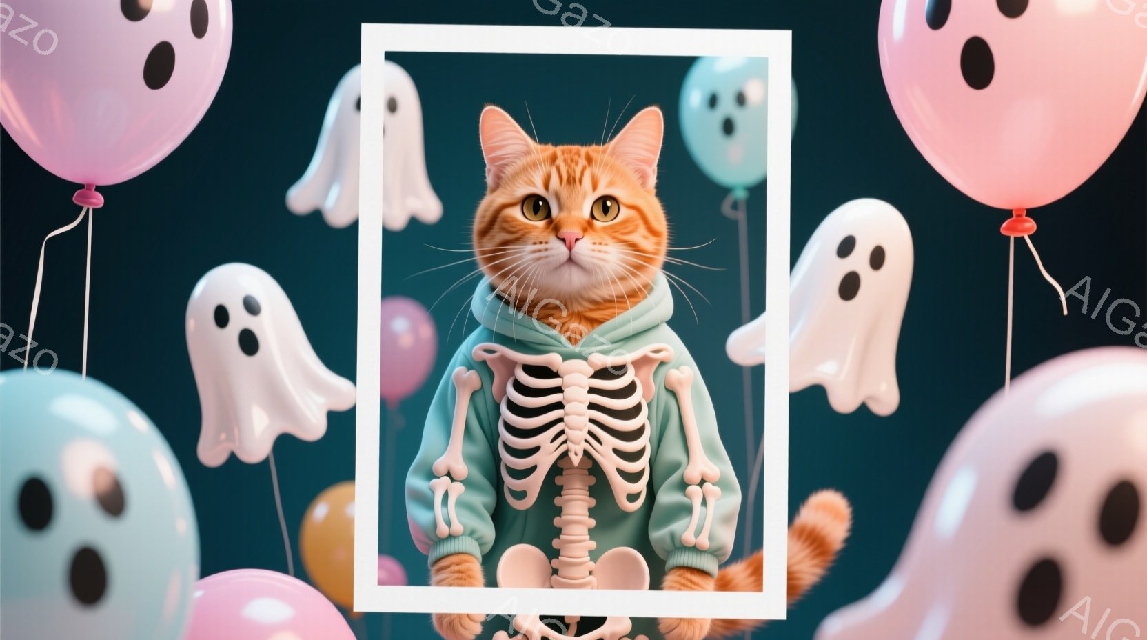 鮮やかなオレンジ色の毛並みを持つ猫が、肋骨のプリントが施された薄い緑色のスウェットシャツを着ています。猫はまっすぐ前を見据え、穏やかで少し退屈そうな表情をしています。背景には、パステルカラーのハロウィン風の幽霊の風船が浮かび、全体的にかわいらしくて遊び心のある雰囲気を醸し出しています。