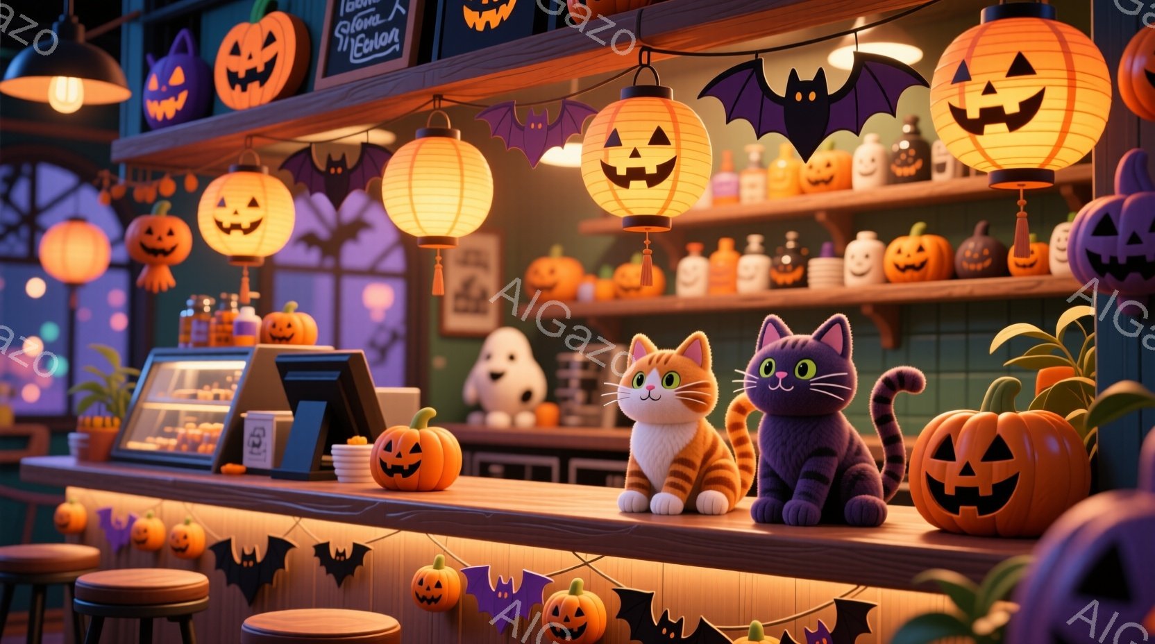 ハロウィーンをテーマにしたカウンターの様子が描かれています。オレンジと黒の提灯やカボチャの装飾が至る所にあり、カウンターの上には可愛らしい猫の置物と、さらに多くのカボチャが並んでいます。暖色系の照明と - AI生成フリー素材