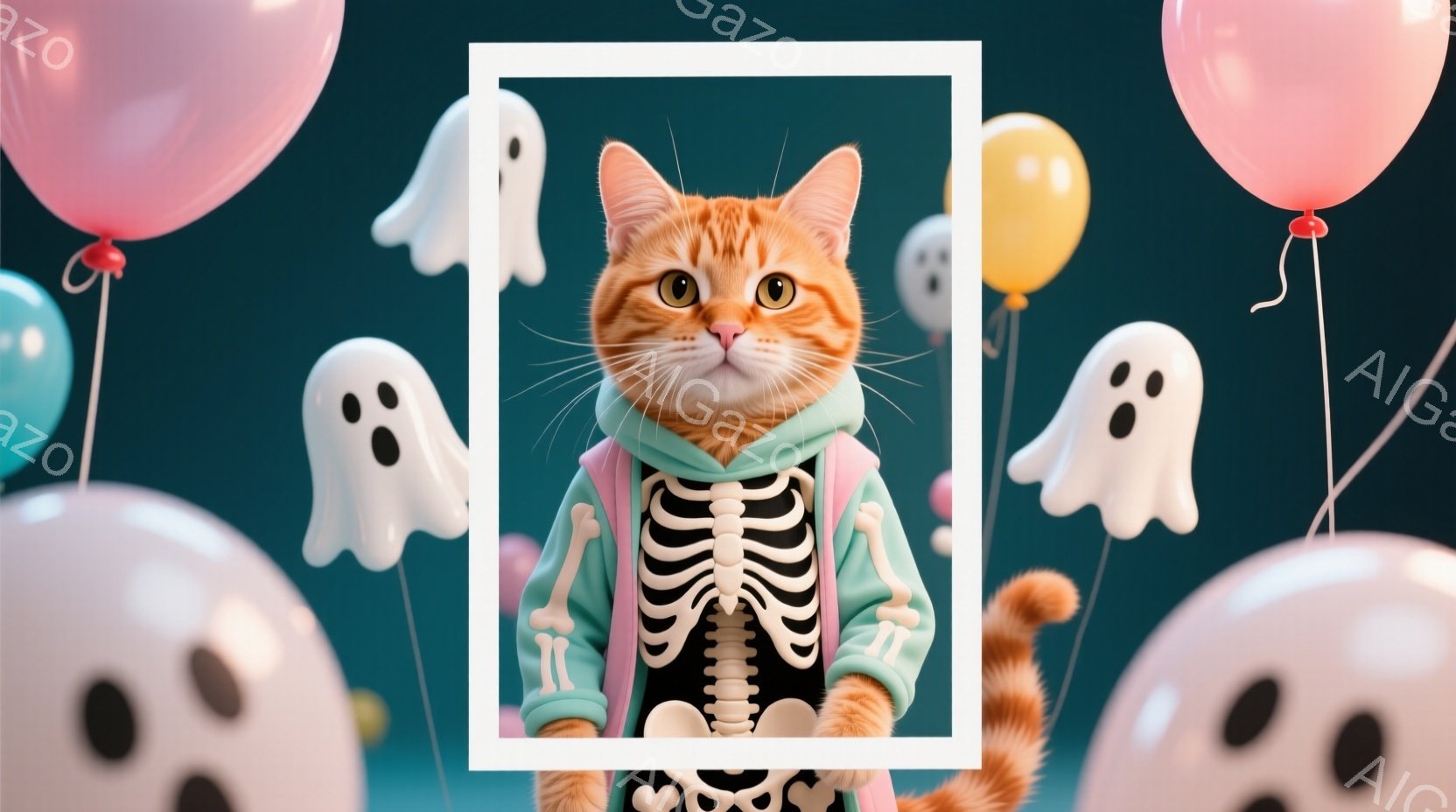 オレンジ色の猫が、ハロウィーン風の緑色と白のスケルトン柄のパーカーを着ています。猫はまっすぐ前を見ており、少し驚いたような表情をしています。背景には、パステルカラーの風船と白いお化けが浮かび、お祝いの - AI生成フリー素材